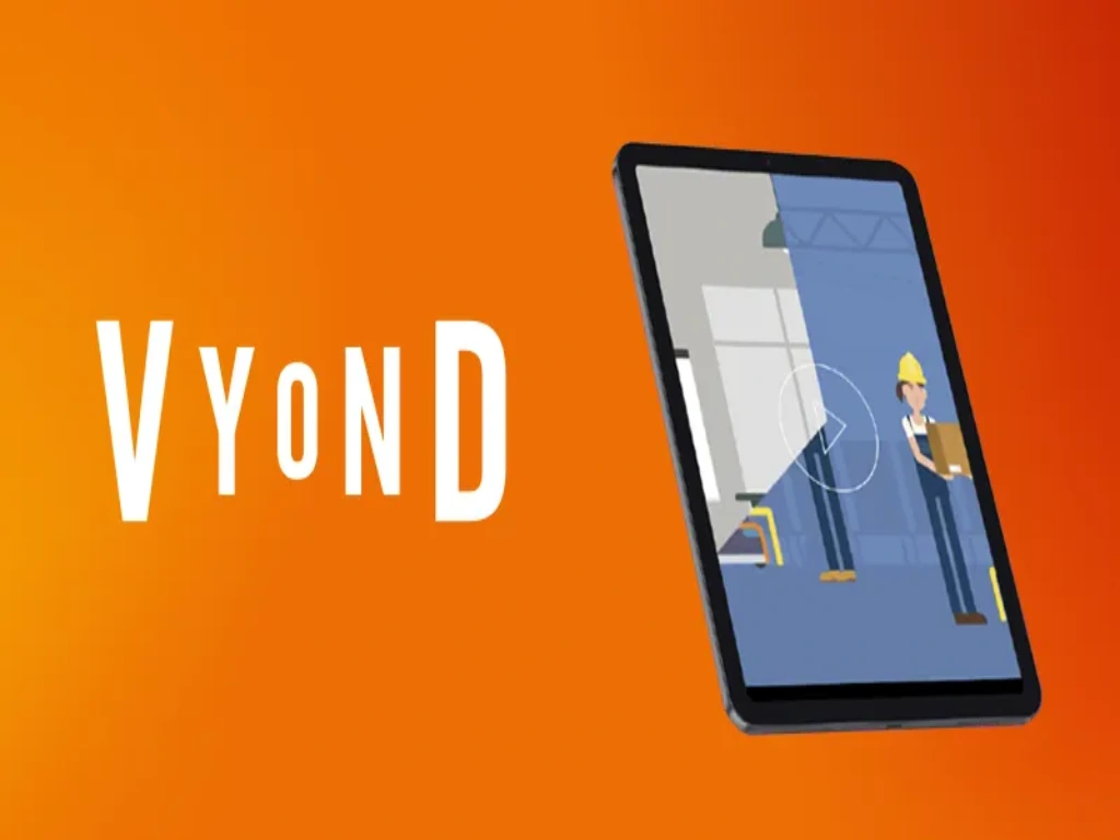 لوگوی Vyond و نمایش یک ویدیوی انیمیشنی در تبلت