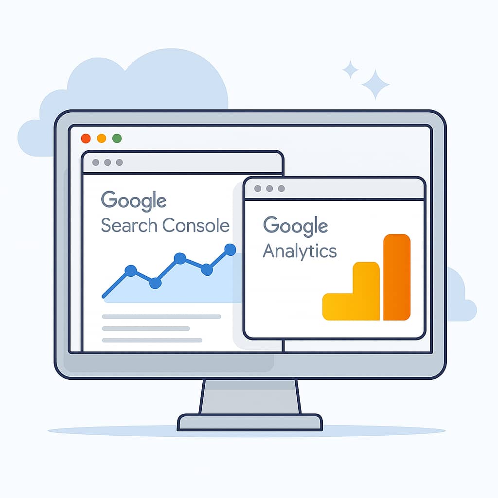 «نمایی از ابزارهای Google Search Console و Google Analytics در کنار هم، نمایشدهنده نمودارهای عملکرد سایت و تحلیل ترافیک و سئو»