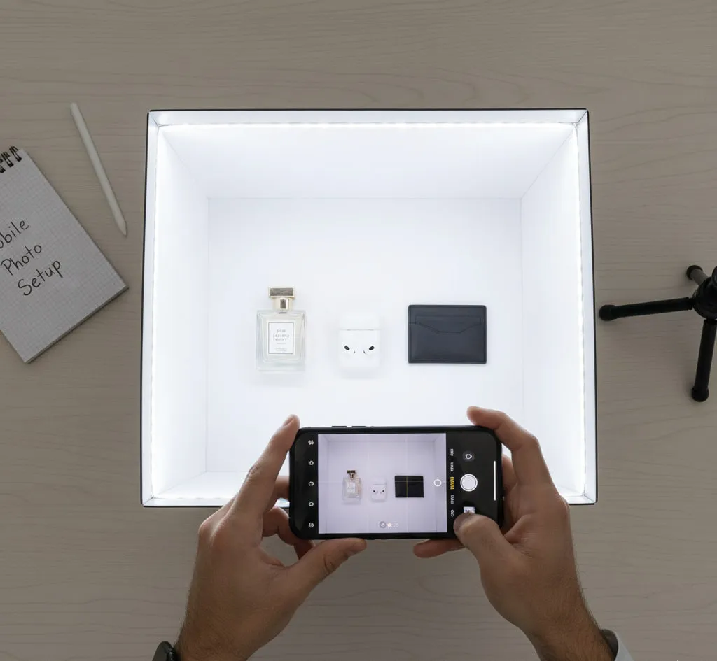 موبایل در حال عکاسی از محصول در جعبه نور (lightbox)
