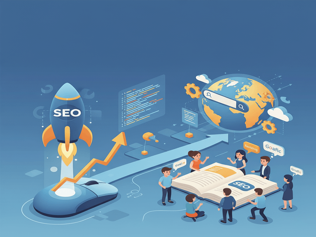 روهی از افراد در حال یادگیری سئو دور یک کتاب باز با نماد SEO نشسته‌اند. موش کامپیوتر با یک فلش رو به بالا به سمت موشک SEO در حال پرتاب اشاره می‌کند، در پس‌زمینه نمادهای جهانی وب و کد دیده می‌شود که پیشرفت در سئو را نشان می‌دهد.